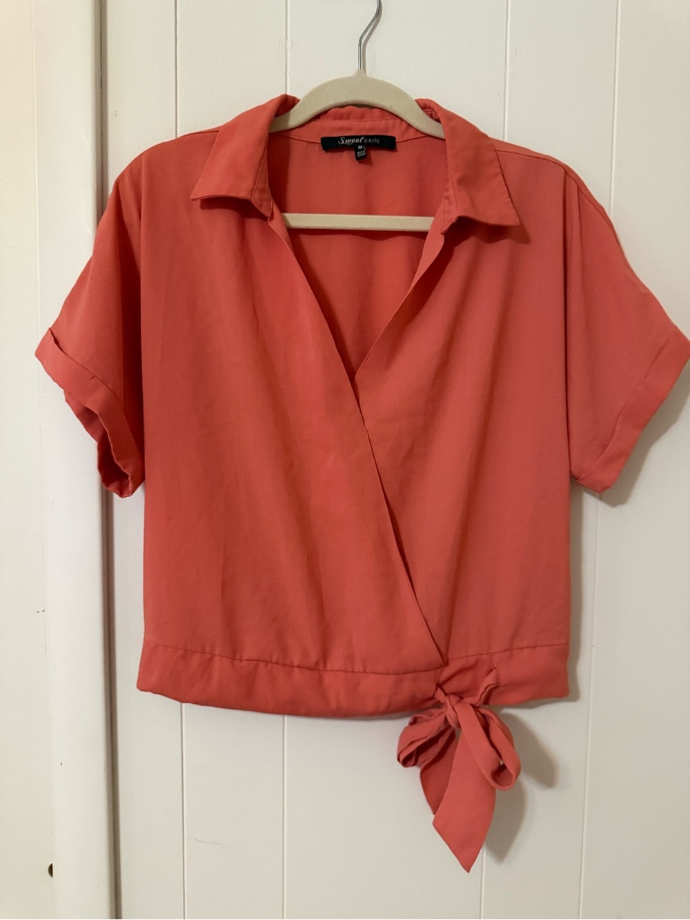 Sweet Rain Coral Tie-Front Short Sleeve Wrap Blouse